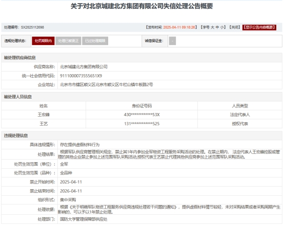华丰金服 提供虚假材料 北京城建北方集团被禁参加军采一年